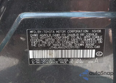 2009 Lexus Es 350 from USA, damaged, VIN JTHBJ46G292291781